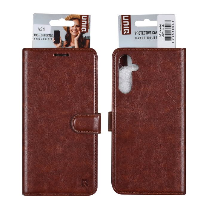 uniq-handytasche-etui-fur-samsung-galaxy-a24-book-case-hul-kartenhalter-fur-3-karten-magnetverschluss-braun