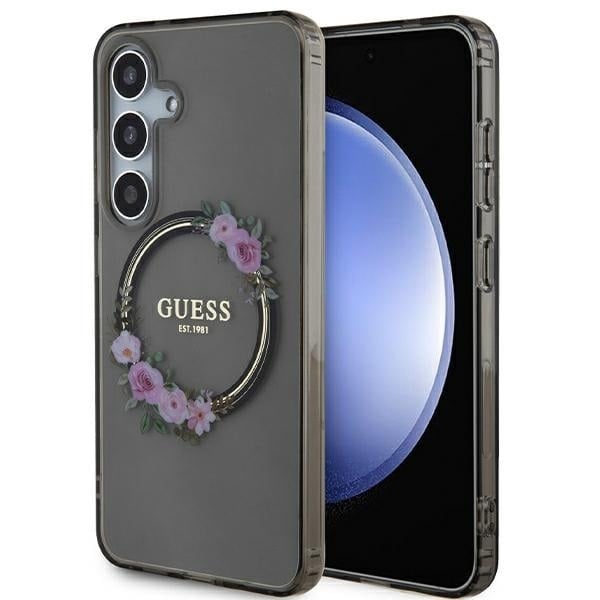 Guess Hülle etui für Samsung Galaxy S24 S921 /Schwarz hardcase IML Flowers Wreath MagSafe