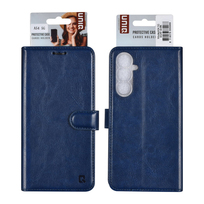 uniq-handytasche-etui-fur-samsung-galaxy-a54-5g-book-case-hul-kartenhalter-fur-3-karten-magnetverschluss-blau