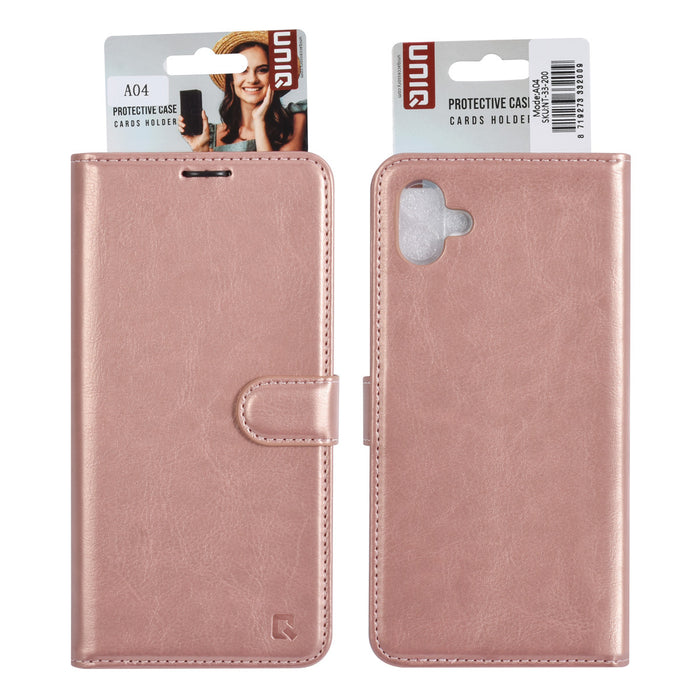 uniq-handytasche-etui-fur-samsung-galaxy-a04-book-case-hul-kartenhalter-fur-3-karten-magnetverschluss-rose-gold