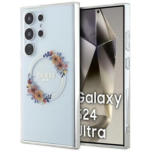 Guess Hülle etui für Samsung Galaxy S24 Ultra S928 transparent hardcase IML Flowers Wreath MagSafe