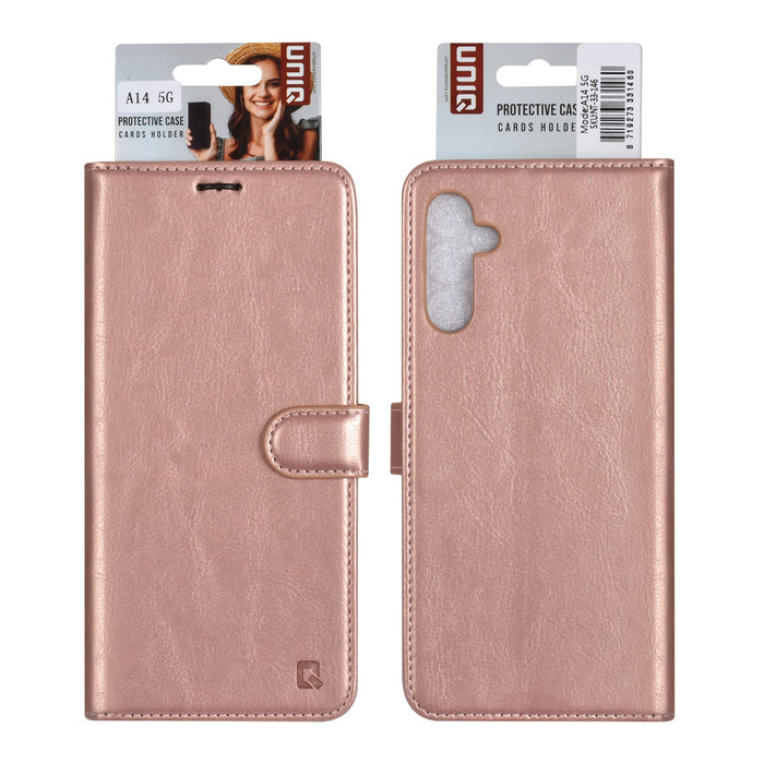 uniq-handytasche-etui-fur-samsung-galaxy-a14-5g-book-case-hul-kartenhalter-fur-3-karten-magnetverschluss-rose-gold