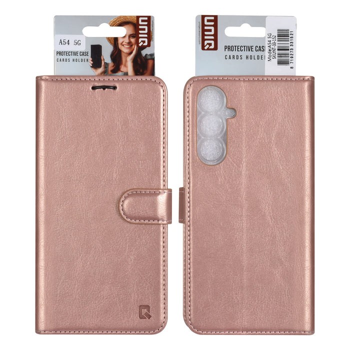 uniq-handytasche-etui-fur-samsung-galaxy-a54-5g-book-case-hul-kartenhalter-fur-3-karten-magnetverschluss-rose-gold