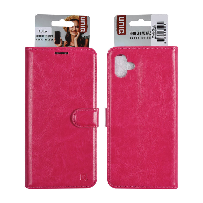 uniq-handytasche-etui-fur-samsung-galaxy-a04e-book-case-hul-kartenhalter-fur-3-karten-magnetverschluss-hot-rosa