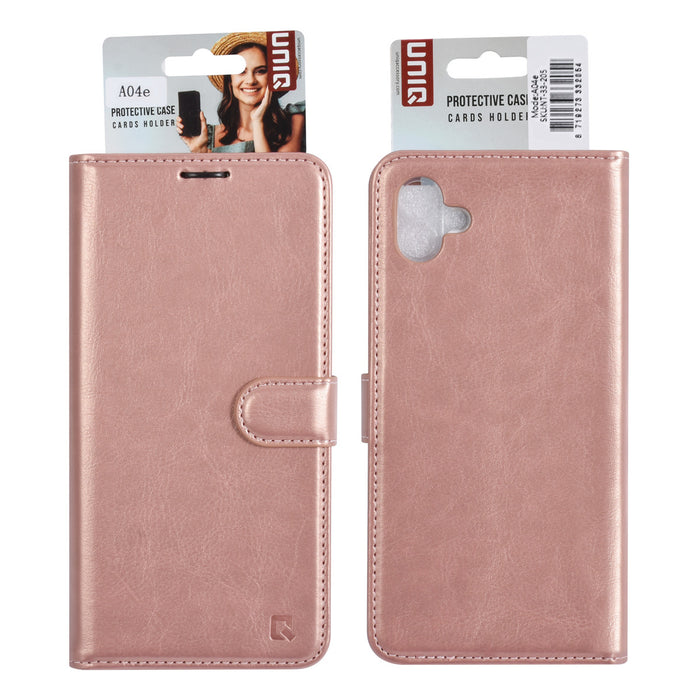 uniq-handytasche-etui-fur-samsung-galaxy-a04e-book-case-hul-kartenhalter-fur-3-karten-magnetverschluss-rose-gold