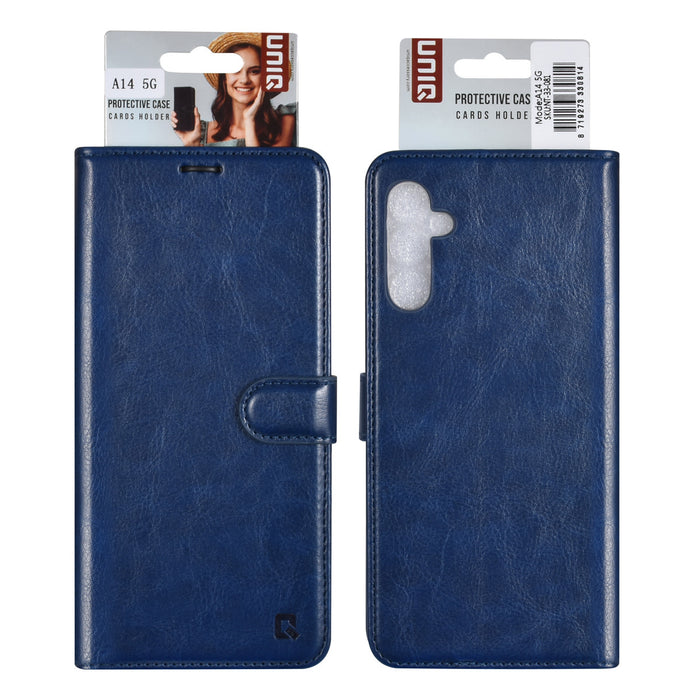 uniq-handytasche-etui-fur-samsung-galaxy-a14-5g-book-case-hul-kartenhalter-fur-3-karten-magnetverschluss-blau