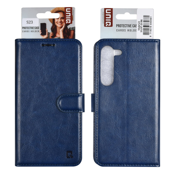 uniq-handytasche-etui-fur-samsung-galaxy-s23-book-case-hul-kartenhalter-fur-3-karten-magnetverschluss-blau