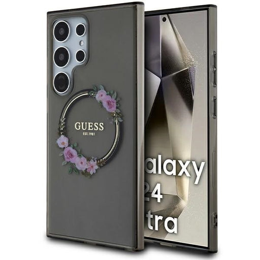 Guess Hülle etui für Samsung Galaxy S24 Ultra S928 /Schwarz hardcase IML Flowers Wreath MagSafe