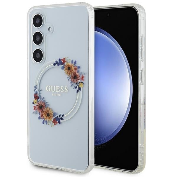 Guess Hülle etui für Samsung Galaxy S24 S921 transparent hardcase IML Flowers Wreath MagSafe