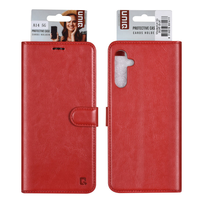 uniq-handytasche-etui-fur-samsung-galaxy-a14-5g-book-case-hul-kartenhalter-fur-3-karten-magnetverschluss-rot