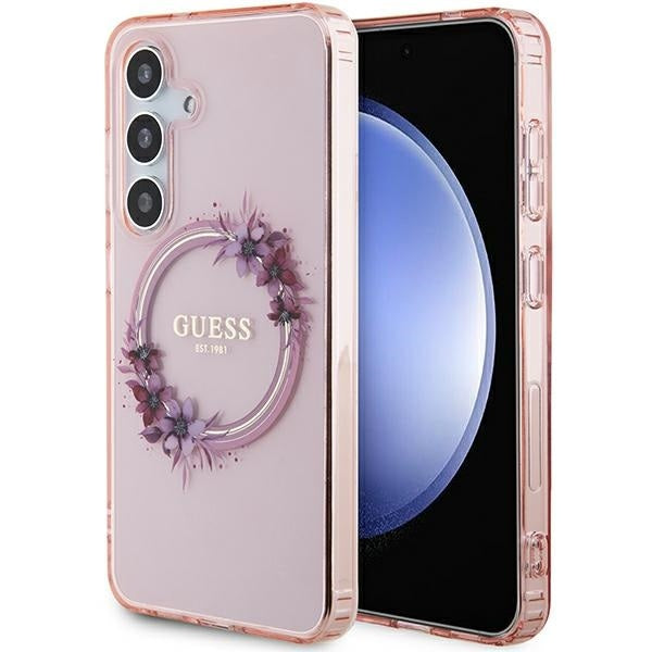 Guess Hülle etui für Samsung Galaxy S24 S921 Rosa hardcase IML Flowers Wreath MagSafe