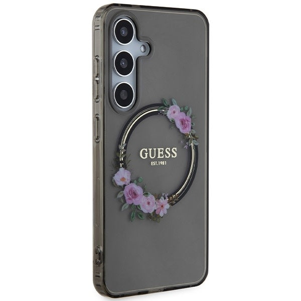 guess-hulle-etui-fur-samsung-galaxy-s24-s921-schwarz-hardcase-iml-flowers-wreath-magsafe