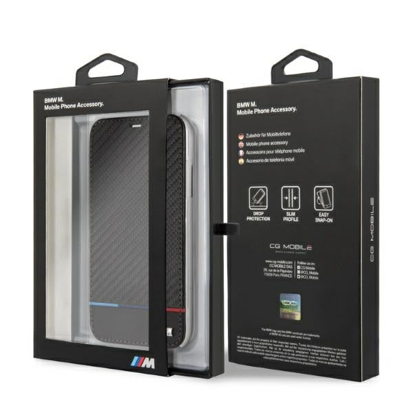BMW Hülle für iPhone Xr book /Schwarz Carbon Tricolor Stripe