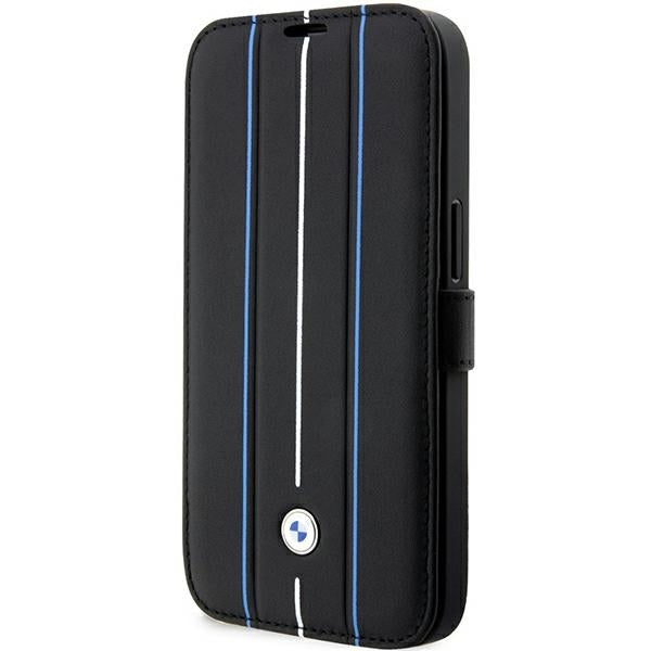 BMW Hülle für iPhone 14 Pro 6,1" /Schwarz bookCase leder Stamp blau Lines
