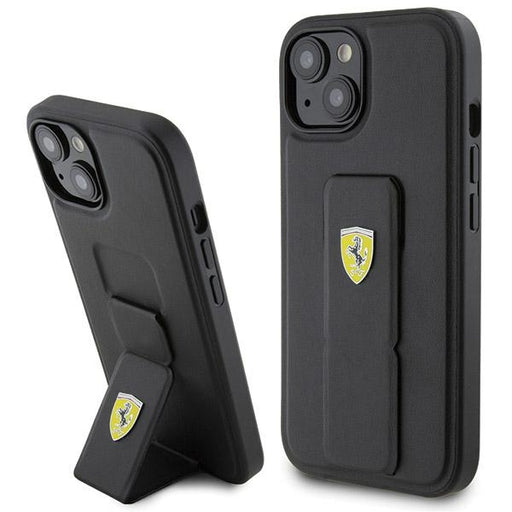 Ferrari Hülle für iPhone 15 / 14 / 13 Schwarz hardcase Grip Stand Metal Logo