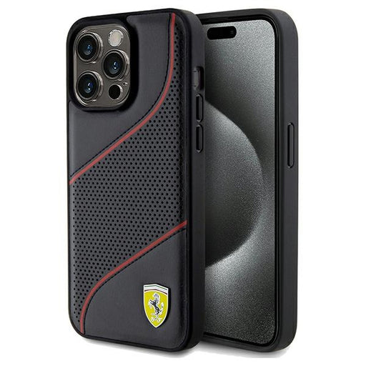 Ferrari Hülle für iPhone 15 Pro Max Schwarz hardcase Perforated Waves Metal Logo