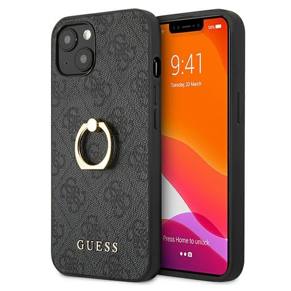 Guess Hülle für iPhone 13 / 14 / 15 6.1" Grau hardcase 4G with ring stand