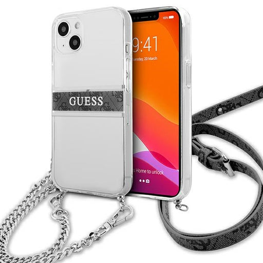 Guess Hülle für iPhone 13 6,1" Transparent hardCase 4G Grau Strap silber Chain