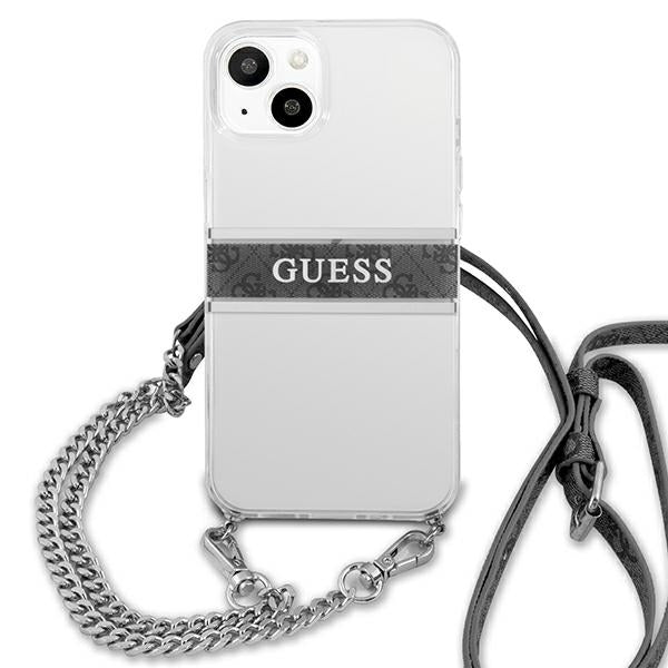 guess-hulle-fur-iphone-13-6-1-transparent-hardcase-4g-grau-strap-silber-chain