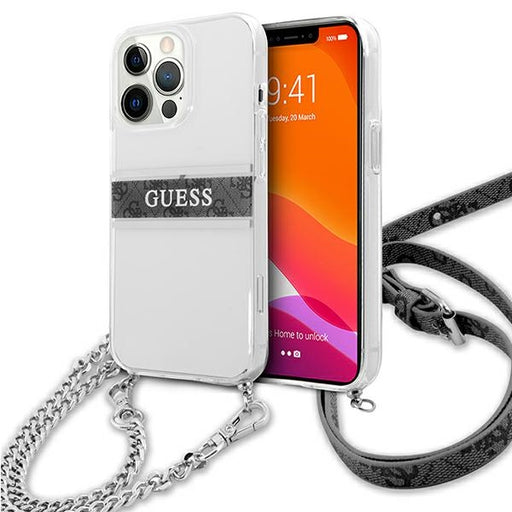 Guess Hülle für iPhone 13 Pro / 13 6,1" Transparent Case 4G Grau Strap silber Chain