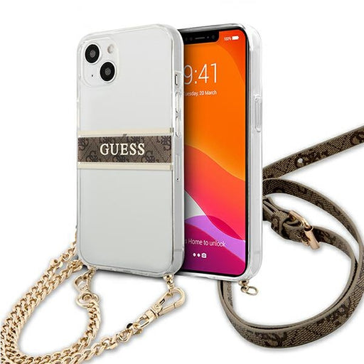 Guess Hülle für iPhone 13 mini 5,4" Transparent hardCase 4G braun Strap Gold Chain