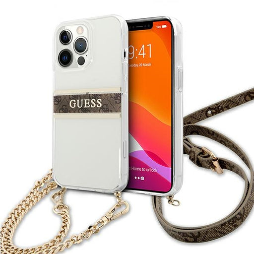 Guess Hülle für iPhone 13 Pro / 13 6,1" Transparent Case 4G braun Strap Gold Chain