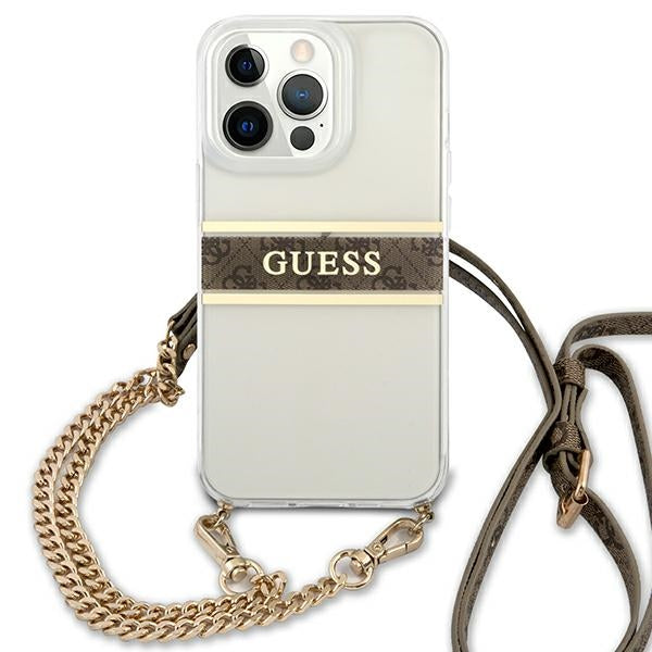 guess-hulle-fur-iphone-13-pro-13-6-1-transparent-case-4g-braun-strap-gold-chain