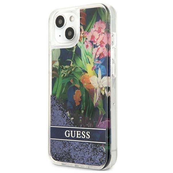 guess-hulle-fur-iphone-13-6-1-blau-hardcase-flower-liquid-glitter