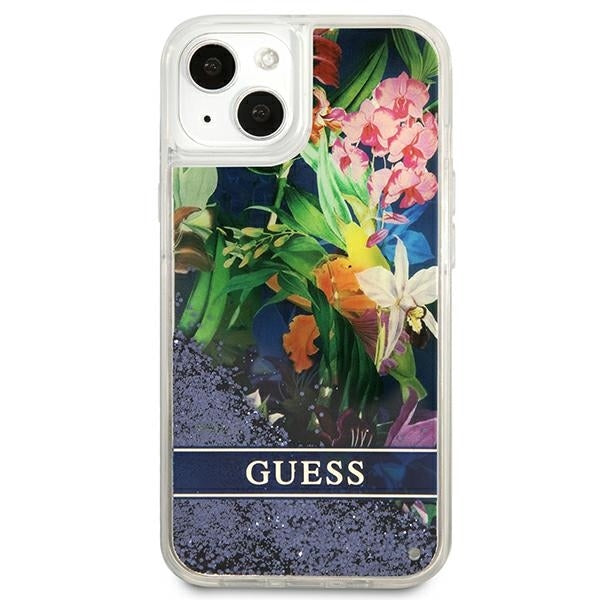 guess-hulle-fur-iphone-13-6-1-blau-hardcase-flower-liquid-glitter
