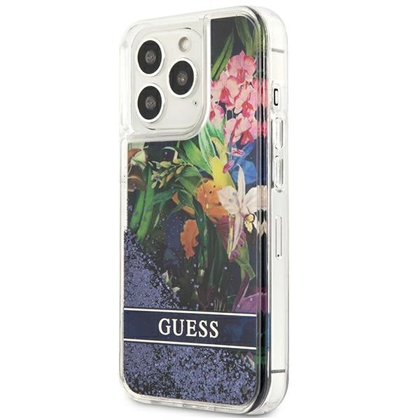 guess-hulle-fur-iphone-13-pro-13-6-1-blau-hardcase-flower-liquid-glitter