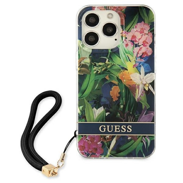 guess-hulle-fur-iphone-13-pro-max-6-7-blau-hardcase-flower-strap