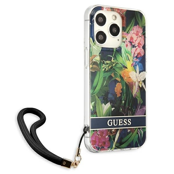 guess-hulle-fur-iphone-13-pro-max-6-7-blau-hardcase-flower-strap
