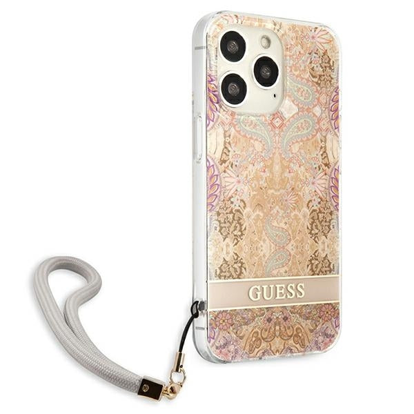 guess-hulle-fur-iphone-13-pro-13-6-1-gold-hardcase-flower-strap