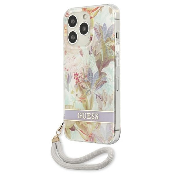 guess-hulle-fur-iphone-13-pro-13-6-1-lila-hardcase-flower-strap
