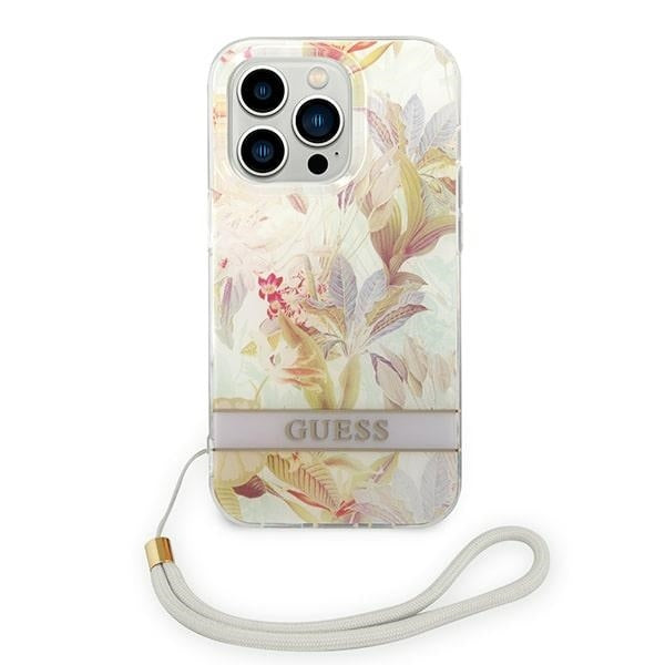guess-hulle-fur-iphone-14-pro-6-1-lila-hardcase-flower-strap