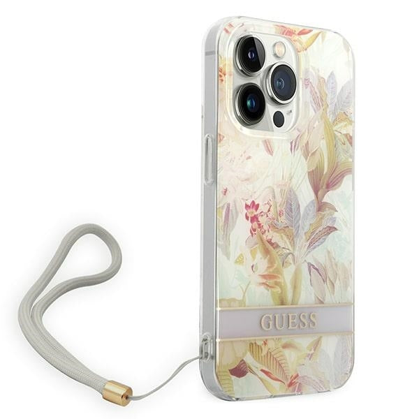 guess-hulle-fur-iphone-14-pro-6-1-lila-hardcase-flower-strap