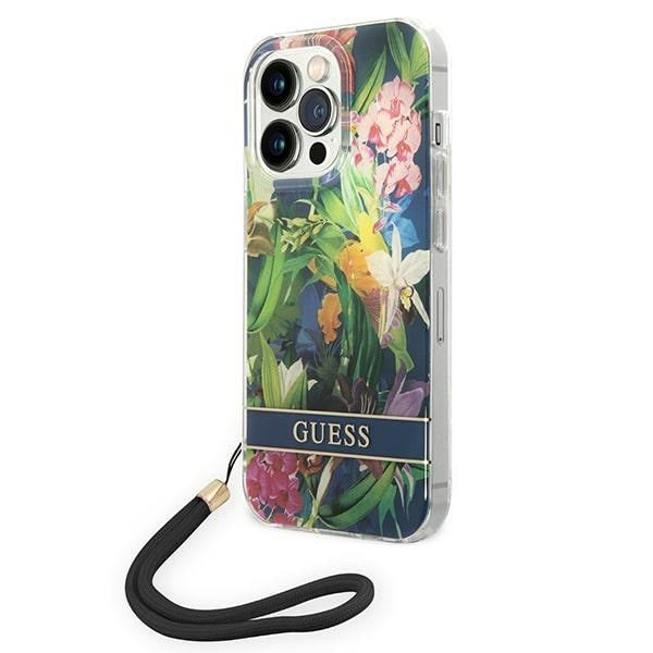 Guess Hülle für iPhone 14 Pro 6,1" /blau hardCase Flower Strap