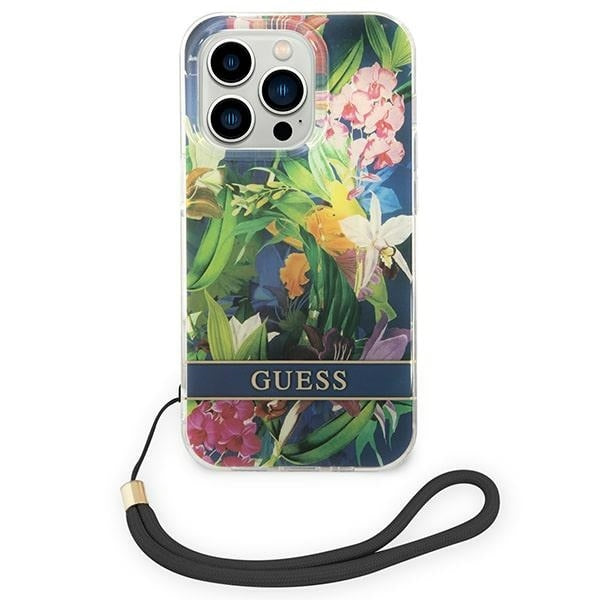 guess-hulle-fur-iphone-14-pro-6-1-blau-hardcase-flower-strap