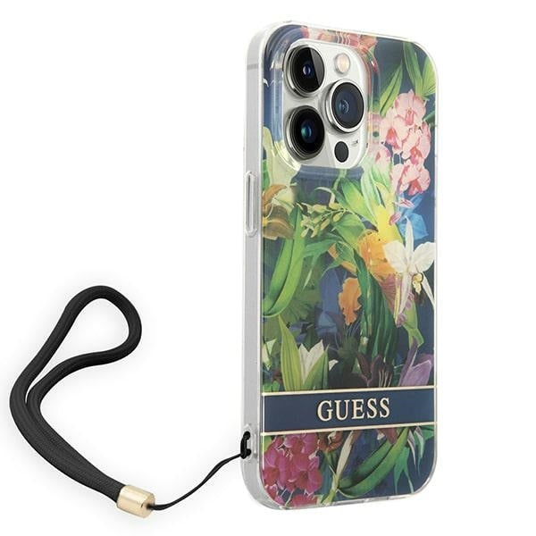 guess-hulle-fur-iphone-14-pro-6-1-blau-hardcase-flower-strap