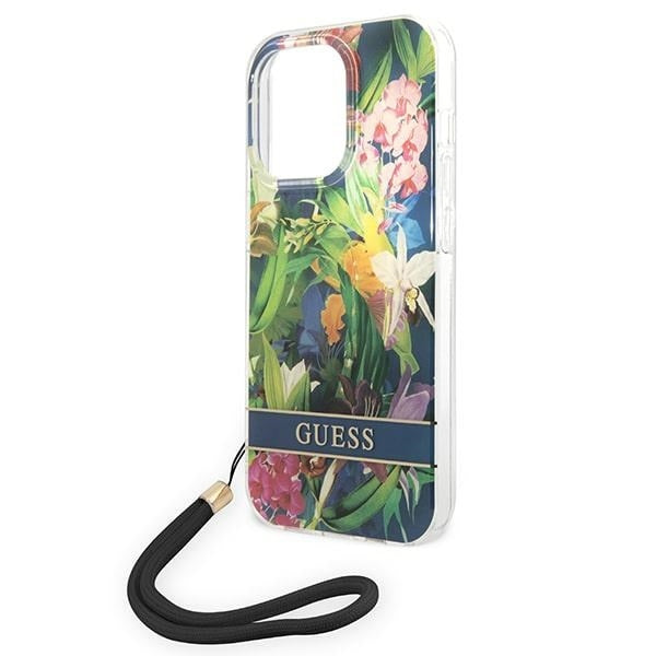 guess-hulle-fur-iphone-14-pro-6-1-blau-hardcase-flower-strap