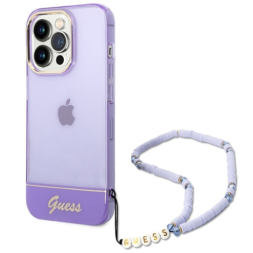 Guess Hülle für iPhone 14 Pro 6,1" Lila hardcase Translucent Pearl Strap