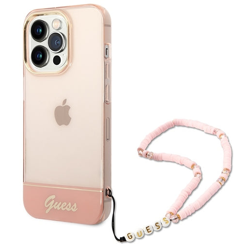 Guess Hülle für iPhone 14 Pro 6,1" /Rosa hardCase Translucent Pearl Strap