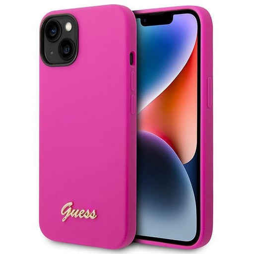 Guess Hülle für iPhone 14 Plus / 15 Plus fuschia hard case Silikon Vintage Gold Logo