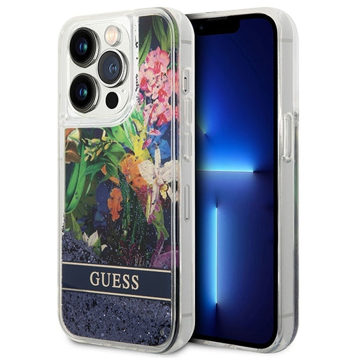 Guess Hülle für iPhone 14 Pro 6,1" /blau hardCase Flower Liquid Glitter