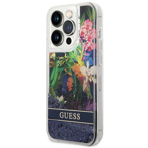 guess-hulle-fur-iphone-14-pro-6-1-blau-hardcase-flower-liquid-glitter