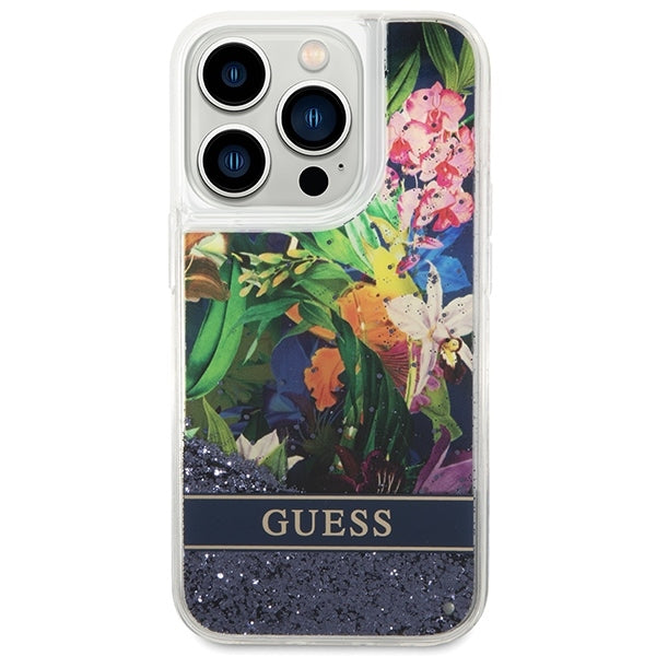 guess-hulle-fur-iphone-14-pro-6-1-blau-hardcase-flower-liquid-glitter