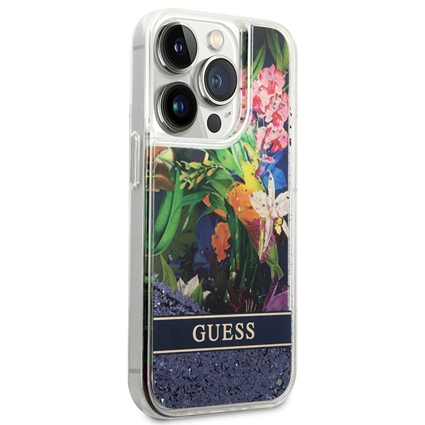 guess-hulle-fur-iphone-14-pro-6-1-blau-hardcase-flower-liquid-glitter