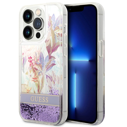 Guess Hülle für iPhone 14 Pro 6,1" /Lila hardCase Flower Liquid Glitter