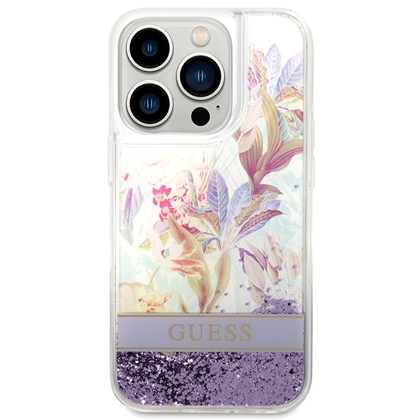 guess-hulle-fur-iphone-14-pro-6-1-lila-hardcase-flower-liquid-glitter