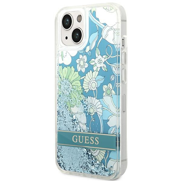 guess-hulle-fur-iphone-14-6-1-grun-hardcase-flower-liquid-glitter